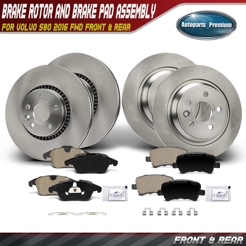 Front & Rear Side Disc Brake Rotors & Ceramic Brake Pads for Volvo S80 2016 FWD