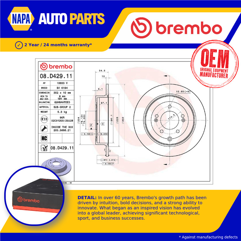 2x Brake Discs Pair Solid Rear 302mm 08.D429.11 Brembo Set 58411D3000 58411D7000