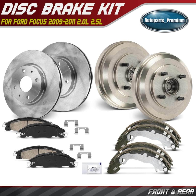 Front Disc Brake Rotors Pad & Rear Brake Drum Shoe for Ford Focus 2009-2011 2.0L