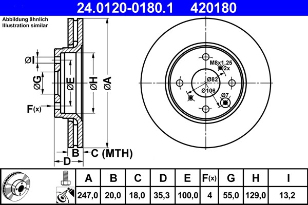 ATE 24.0120-0180.1 Brake Disc for Citroen, Peugeot, Toyota