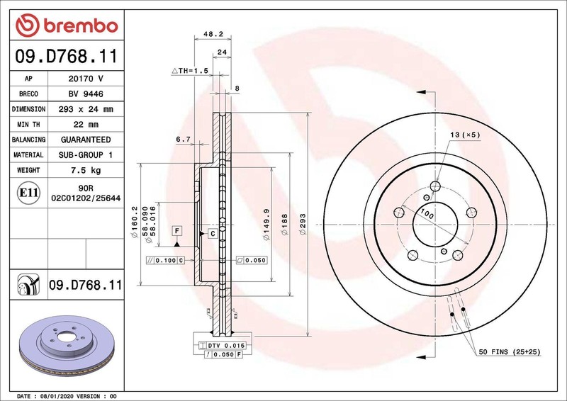 1X Brake Disc Brembo 09.D768.11 Subaru XV (GT) 2 2017-