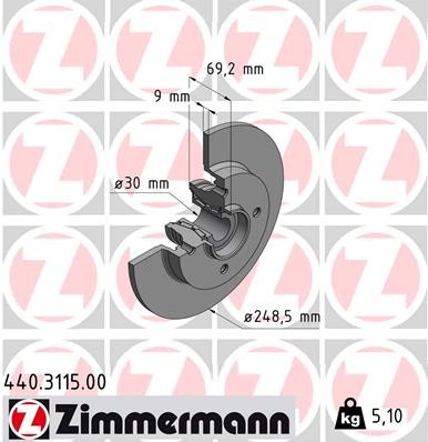 Zimmermann 440.3115.00 Brake Disc for Citroën, Citroën (DF-PSA), DS, Opel, Peugeot, P
