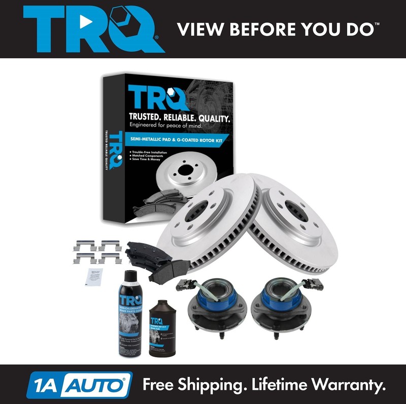 TRQ Front Semi Metallic Brake Pad Coated Rotor & Hub Kit w/Fluids for Chevy