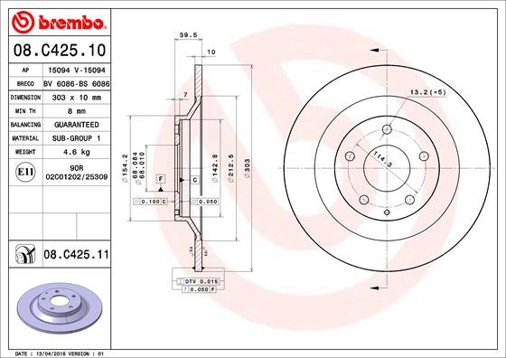 2X 08.C425.11 Brembo Brake Disc for Hongqi, Mazda, Mazda (Changanese)