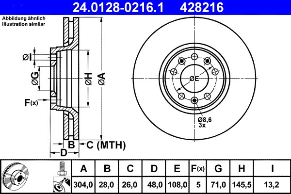 2X 24.0128-0216.1 ATE Brake Disc for Citroen, Fiat, Peugeot, Toyota