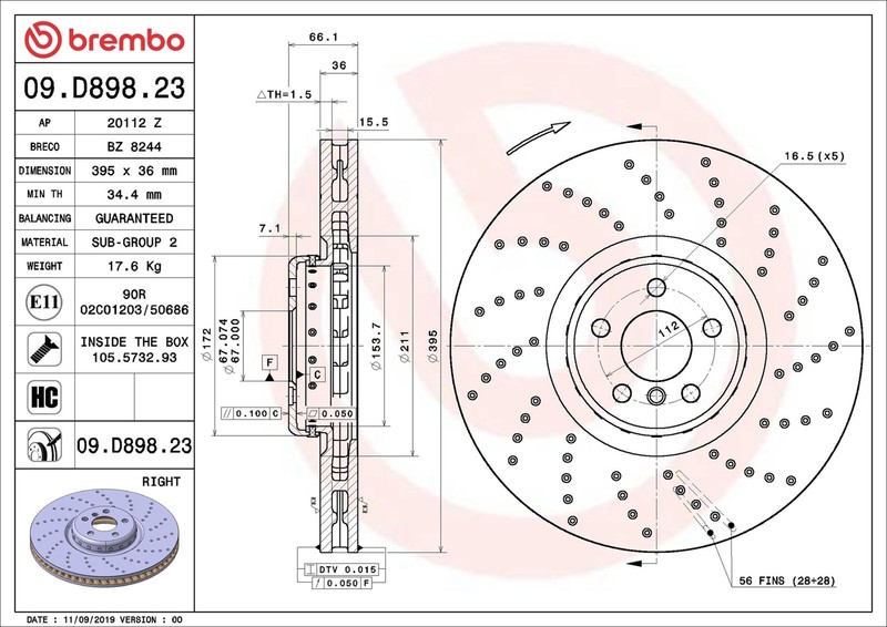 Brake Disc Single Vented 395mm 09.D898.23 Brembo 34106887658 34116878046 Quality gallery