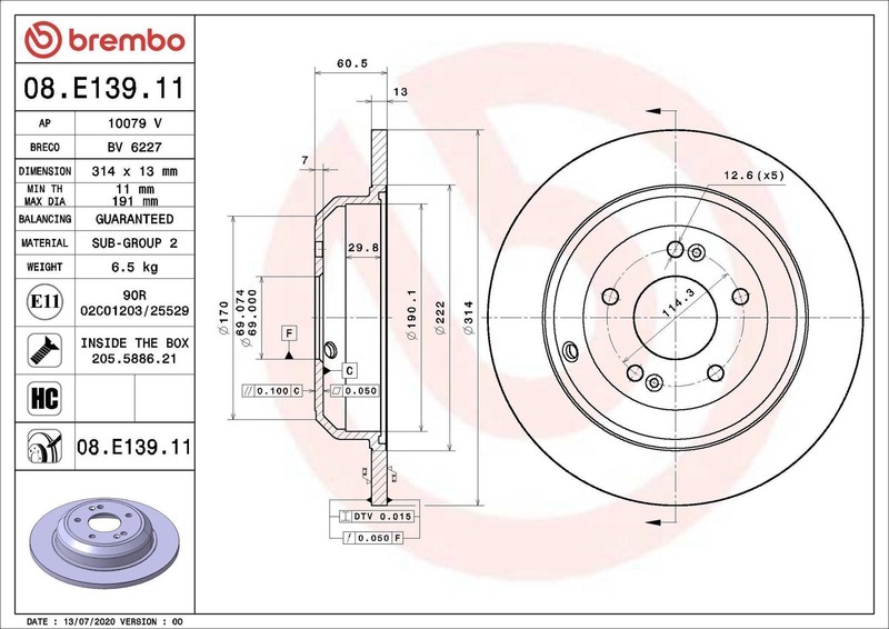 1X Brake Disc Brembo 8.E139.11 for Kia Stinger (CK) 2 2017-2023