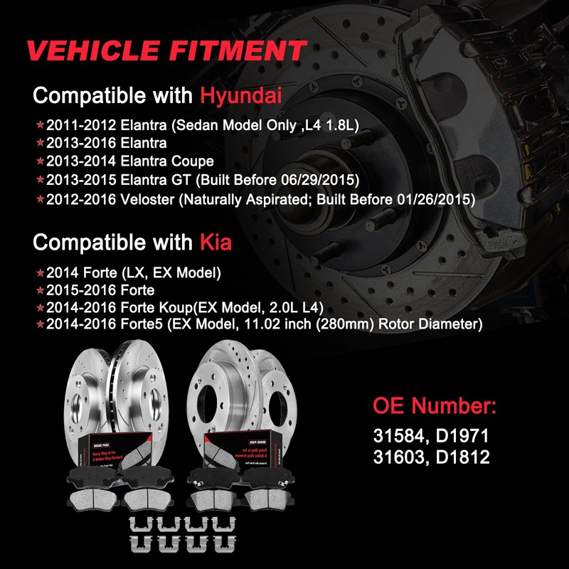 Front Rear Drilled Rotors Brakes Pads for Hyundai Elantra Veloster GT Kia Forte5 gallery