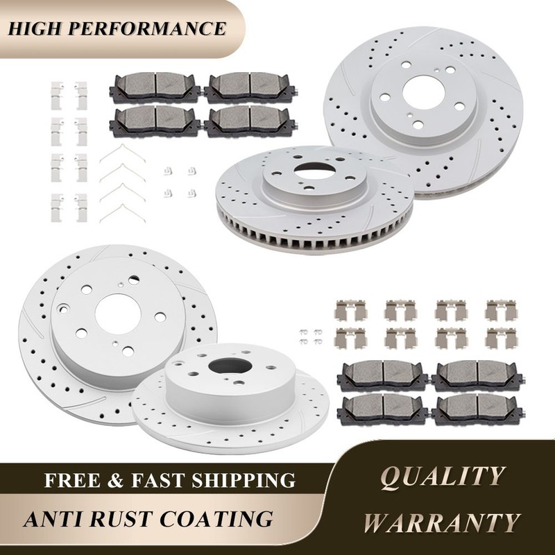 296mm Front and 281mm Rear Drilled Rotors Brake Pads for 2006 – 2018 Toyota Rav4