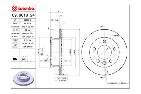 For Dodge Sprinter 2500 03-06 Brembo 09.9618.24 PRIME Plain Vented Brake Rotor gallery