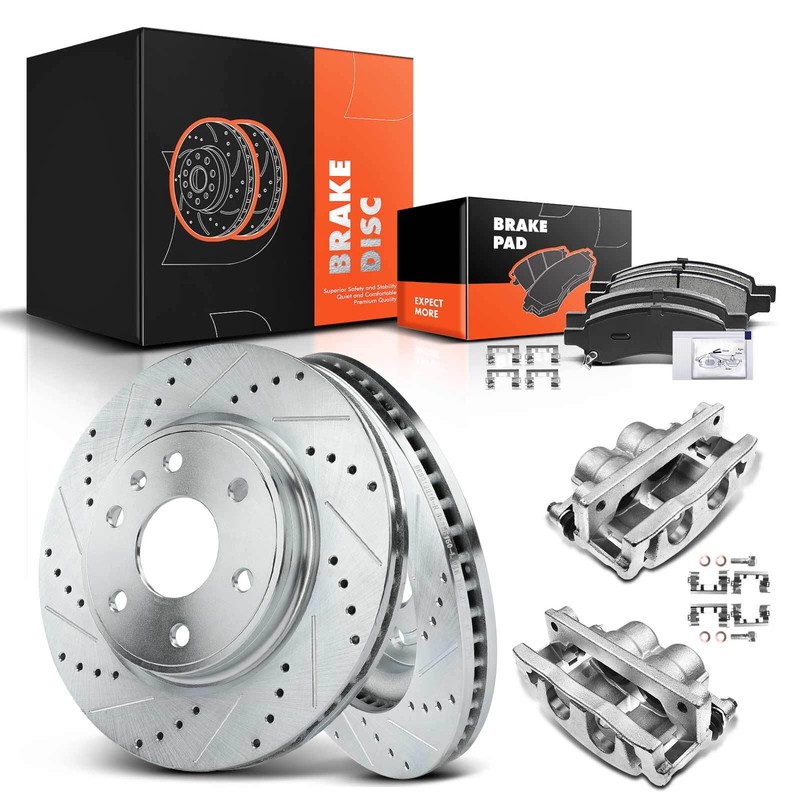 Front Drilled Brake Rotor & Pad+Brake Caliper for Buick 2008-2017 GMC Chevrolet