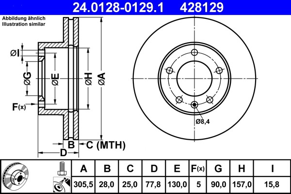 ATE 24.0128-0129.1 Brake Disc for Nissan, Opel, Renault, Vauxhall