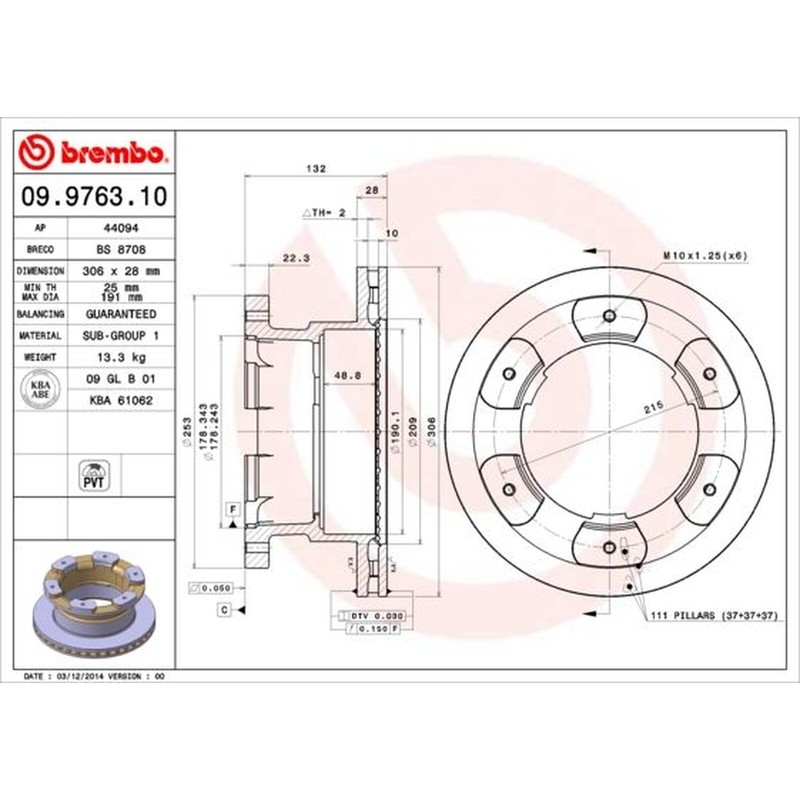 Brembo PVT Single Vented Brake Disc 09.9763.10 – Fits IVECO DAILY (IV) 6.06->