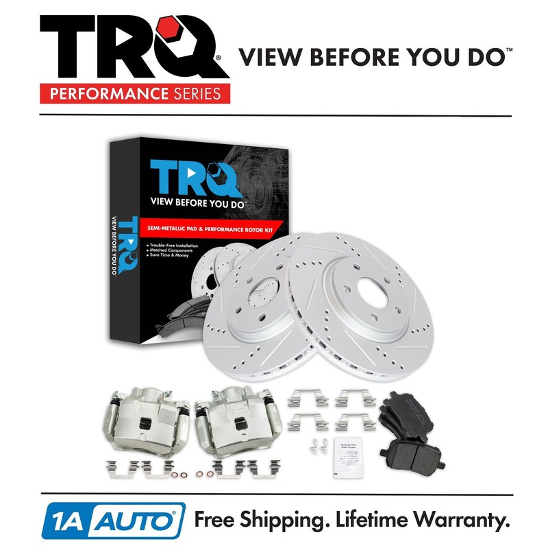 TRQ Front Brake Calipers Pads Drilled Rotors for 05-07 Cobalt 08-10 HHR G5 Ion