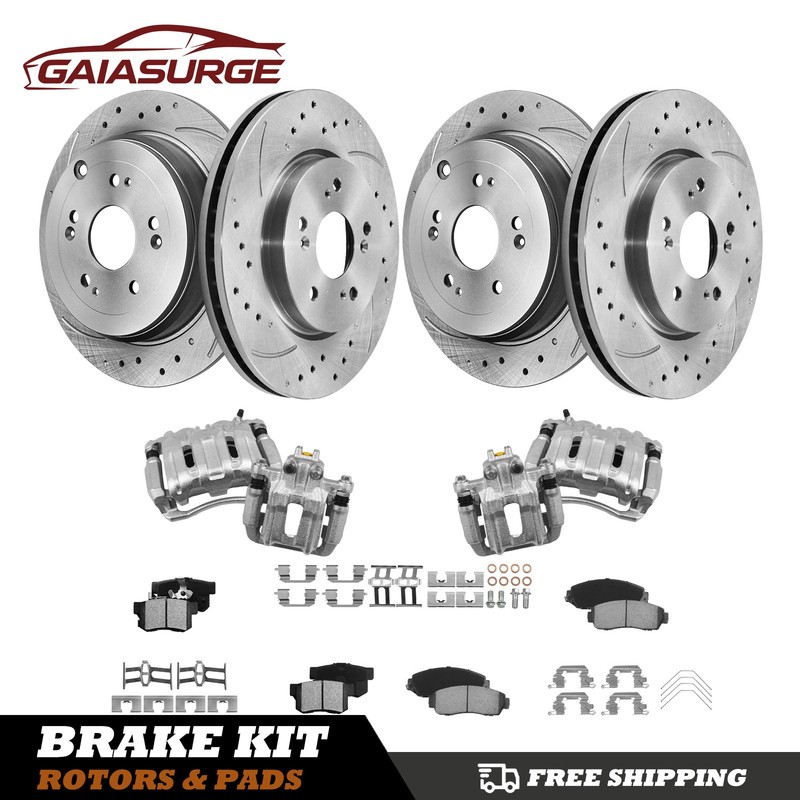 Drilled Rotors Pads + Brake Calipers Front Rear for 2012-16 Honda CR-V 2.4L AWD