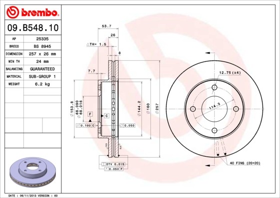 Brembo 09.B548.10 Brake Disc for Nissan, Nissan (Zhengzhou)