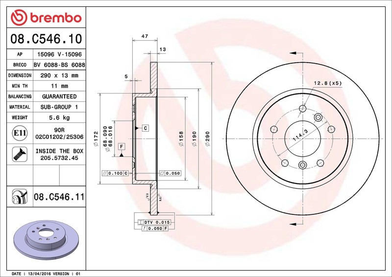 2x Brake Discs Pair Solid Rear 290mm 08.C546.11 Brembo Set 432064CE0B 432064EA0A gallery