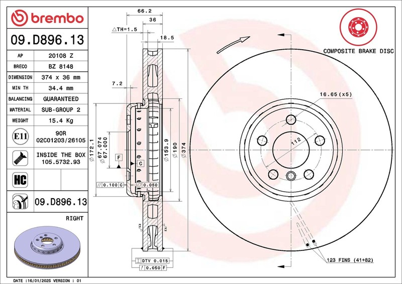 Brake Disc Single Vented fits BMW 750 G11 4.4 2015 on 374mm Brembo 34106875284 gallery