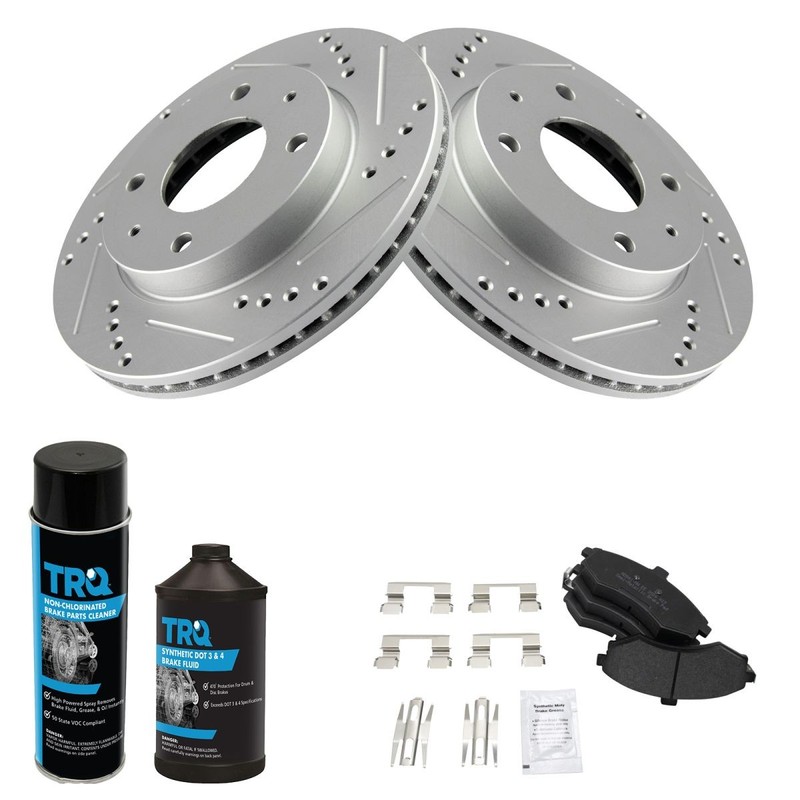 TRQ Front Metallic Brake Pad & Performance Cross Rotor Kit w/Chemicals gallery