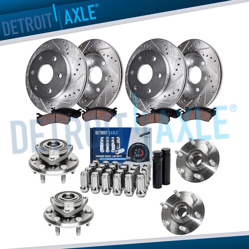Front Rear Drilled Rotor Brake Pad Wheel Hub + 24pc Lugnut w/keys for GMC Acadia