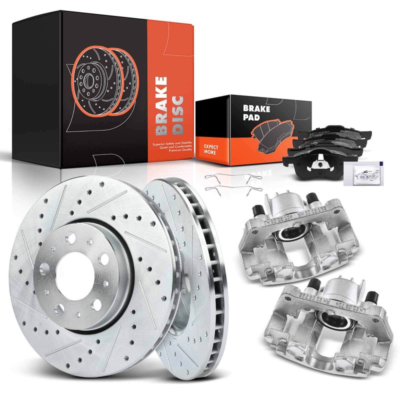 New Front Drilled Brake Rotor & Pads + Caliper for Volvo S60 2001-2007 S80 V70