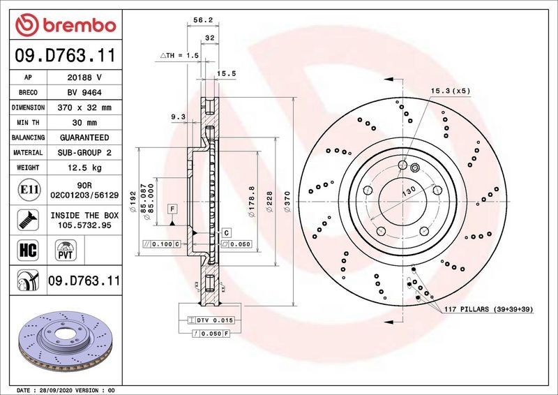 1x Brembo 09.D763.11 Rear Vented Brake Discs Fits Mercedes G-Class gallery