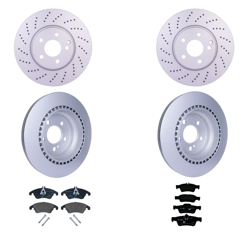 Hella Front and Rear Vented Rotors Low-Met Disc Brake Pad Kit For W212 E350 E400