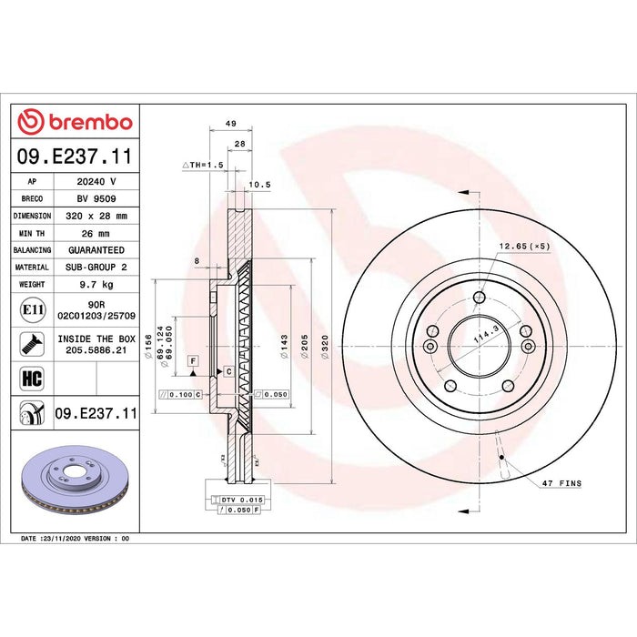Brembo 09.E237.11 Plain Vented Front Brake Rotor for 2014-2015 Kia Sorento gallery