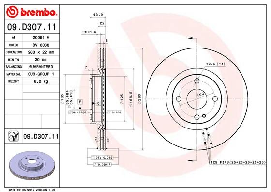 Brembo 09.D307.11 Brake Disc for Abarth, Fiat, Mazda