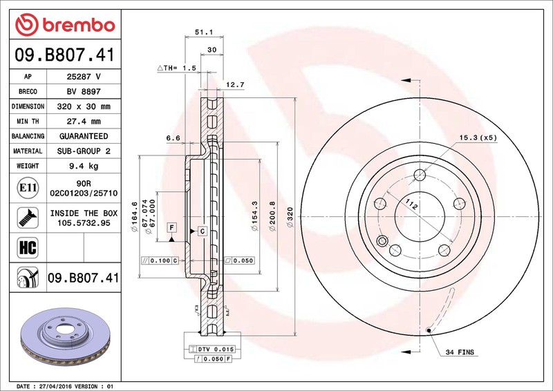2x Brake Discs Pair Vented Front 320mm 09.B807.41 Brembo Set 2464212612 Quality gallery