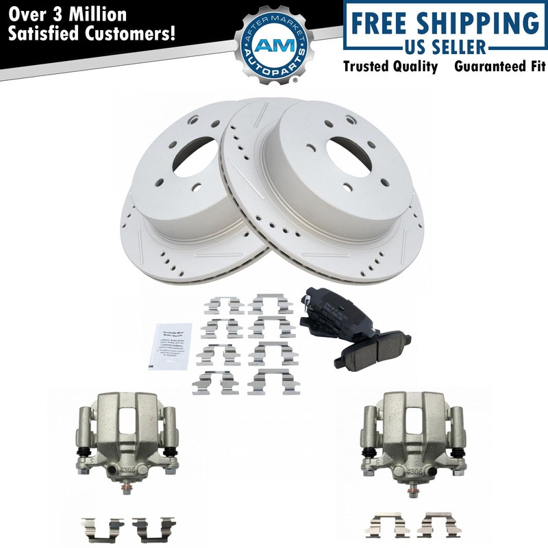 Rear Ceramic Pads Drilled Slotted Coated Rotors & Calipers Kit for Nissan