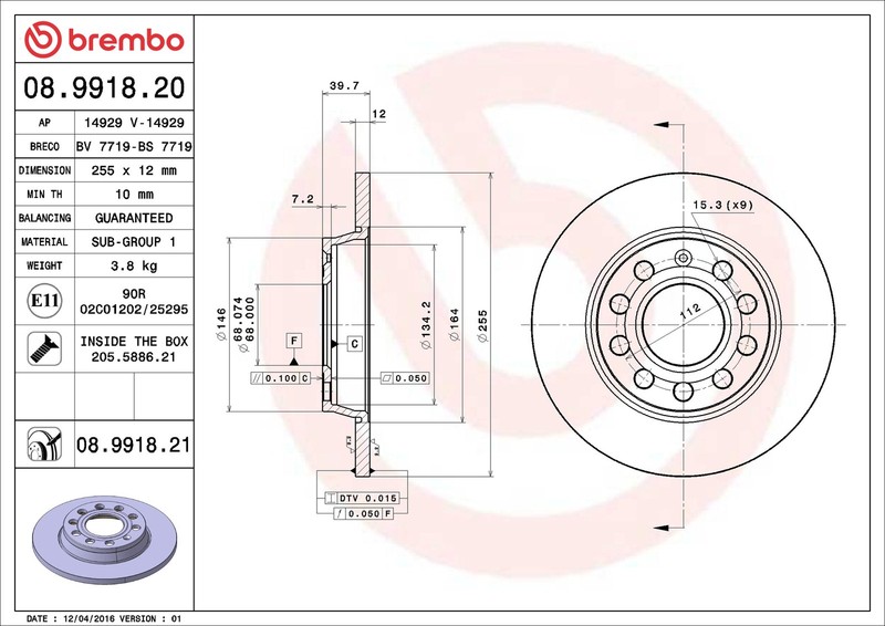 2x Brake Discs Pair Solid fits AUDI A4 B7 2.0D Rear 04 to 09 255mm Set Brembo gallery