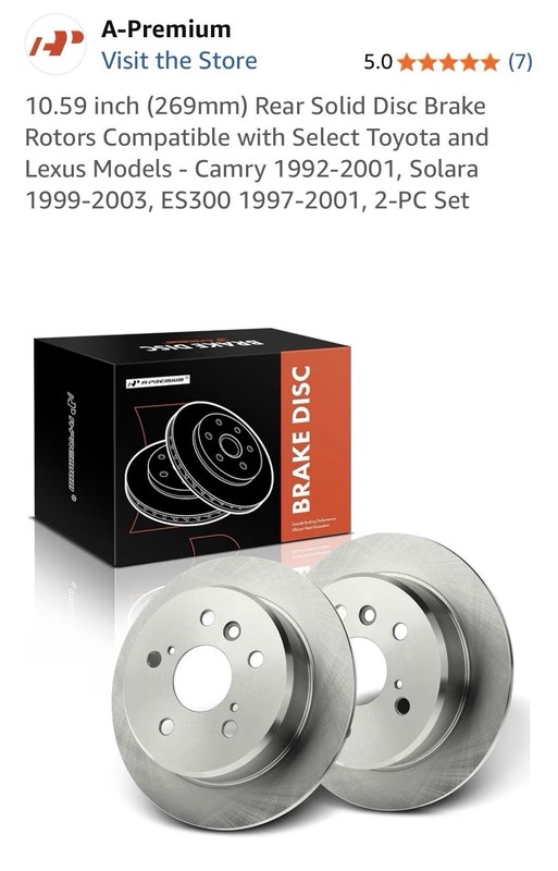 Rear Disc Brake Rotors Toyota Camry 1992-2001 Solara 1999-2003 Lexus ES300 97-01