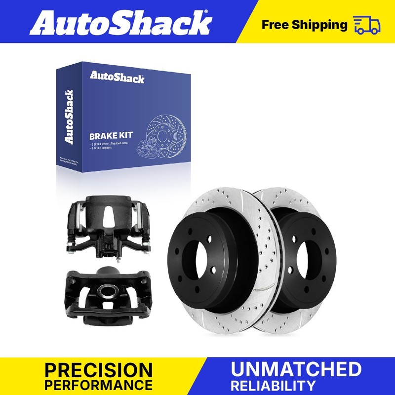 Rear Drilled Slotted Brake Rotors Calipers Black for Ford, F-150 12-16, 18-20