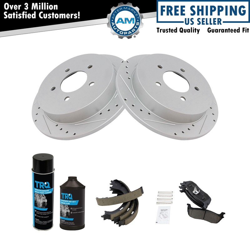 Rear Brake Kit Ceramic Brake Pad Performance Rotor Parking Shoes w/Chemicals