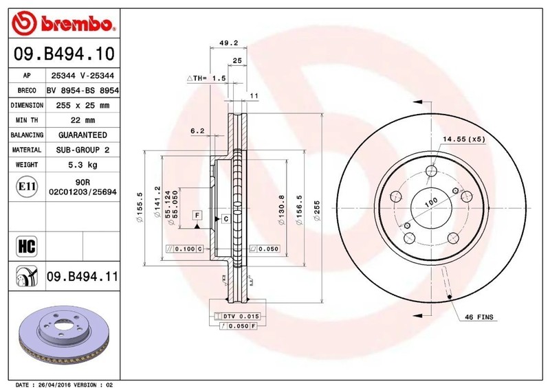 Brembo 09.B494.11 Prime UV Coated Vented Brake Rotors - Front Pair gallery