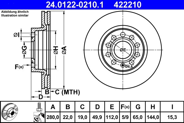 ATE 24.0122-0210.1 Brake Disc for Audi, Seat, Skoda, VW
