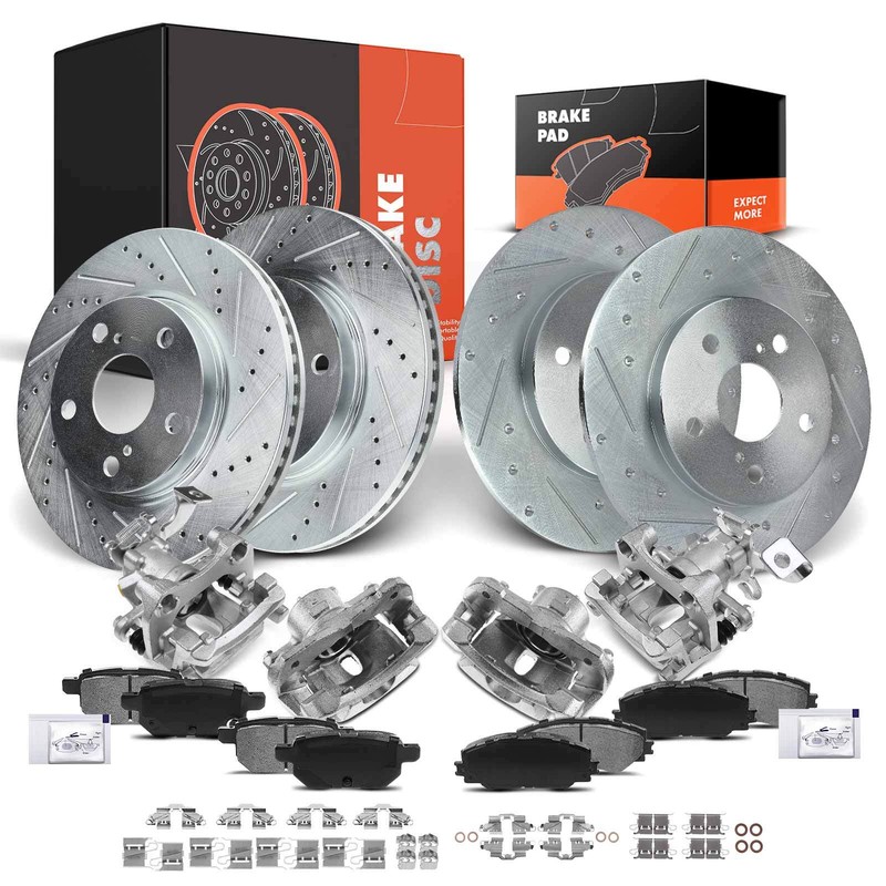 Drilled Brake Rotor & Pad + Brake Caliper for Scion xB 2008-2015 2.4L Front Rear