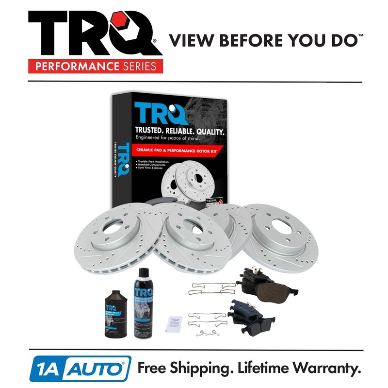 TRQ Performance Brake Rotor & Ceramic Pad Front & Rear Kit w/Chemicals