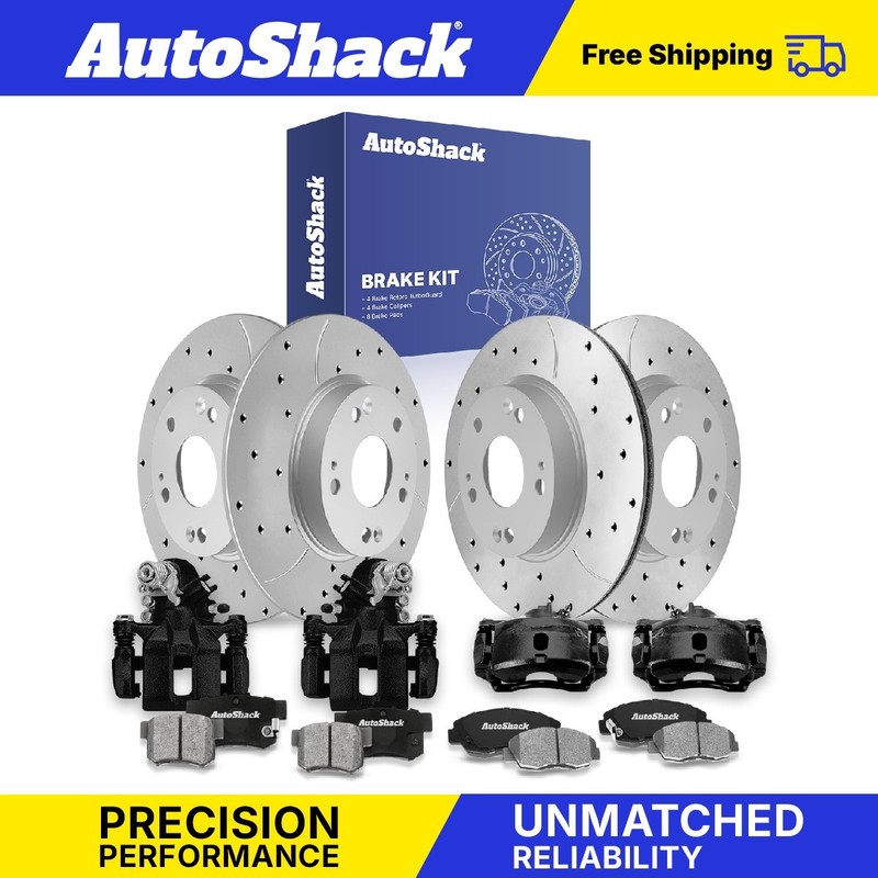 Front Rear Drilled Slotted Rotors Pad Calipers Black for Honda, Civic 06-11