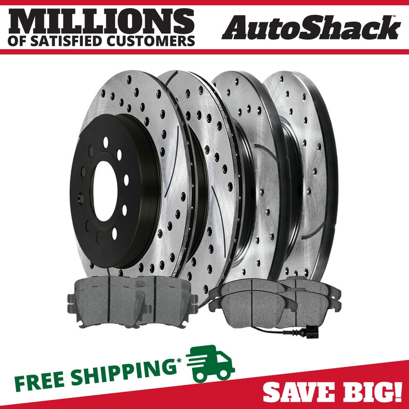Front and Rear Drilled Brake Rotors Black & Pads for VW Rabbit 2005-2009 Jetta