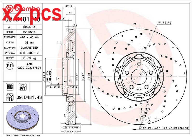 X2 PCS L&R SIDES BRAKE DISC 09.D481.43
