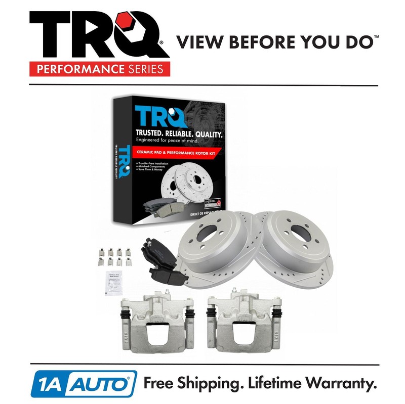 TRQ Rear Brake Calipers Ceramic Pads Drilled Rotors Fits Nitro Liberty Wrangler