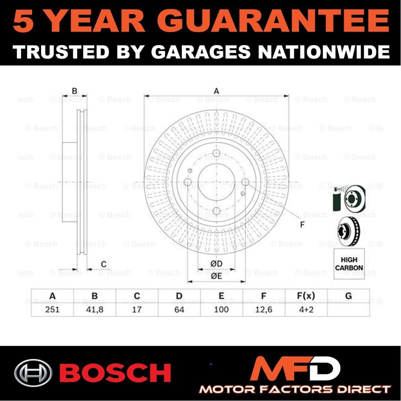 Brake Discs Front Bosch Fits Mitsubishi Mirage 2012-2024 1.0 1.2 4615A129