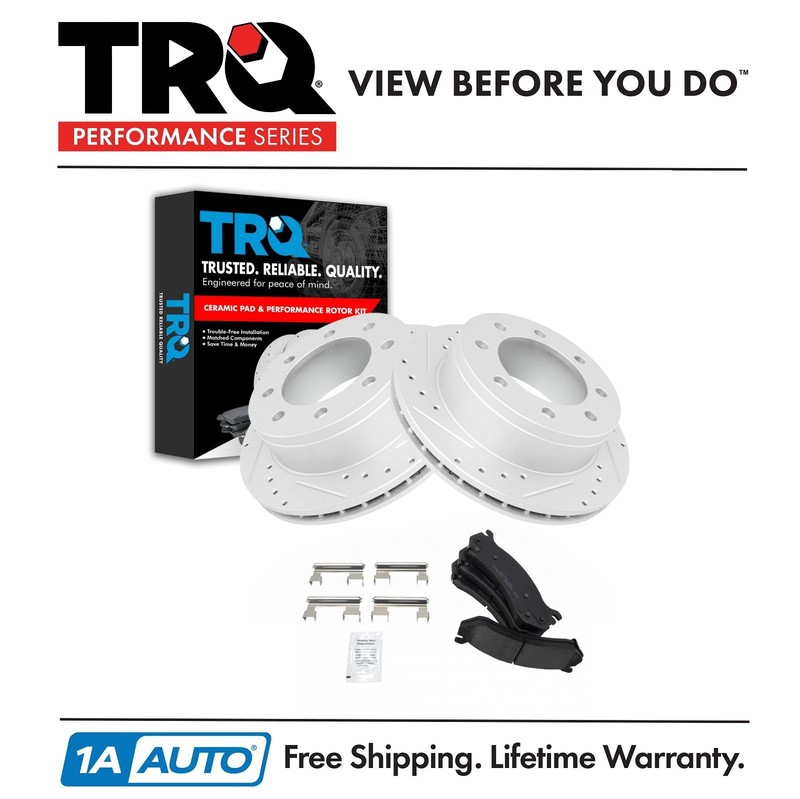 TRQ Ceramic Brake Pad Performance Drilled Slotted Rotor Rear Kit for Chevy
