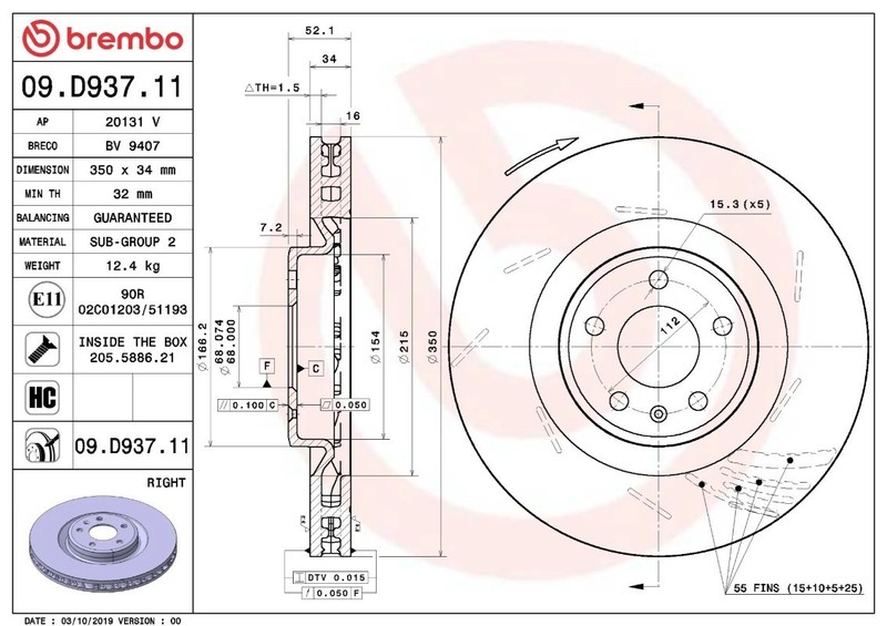 Brembo 09.D937.11 Prime UV Coated Grooved Vented Brake Rotors - Front Pair gallery