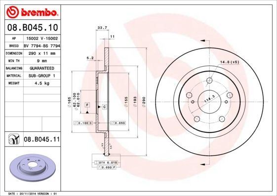 2x Brake Discs Rear Solid Braking System Fits Toyota Avensis BREMBO 08.B045.11 gallery