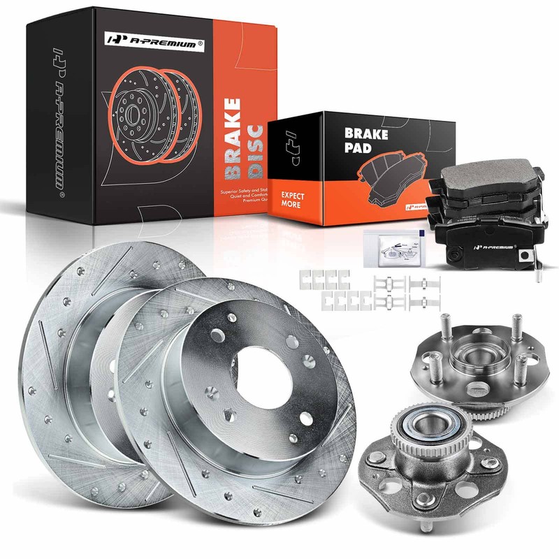 A-Premium Rear Drilled Rotor & Brake Pad + Wheel Hub & Bearing for Honda Accord