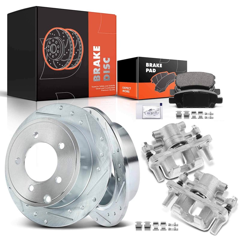 8x Drilled Brake Rotor & Pads + Caliper for Dodge Mitsubishi Jeep Chrysler Rear
