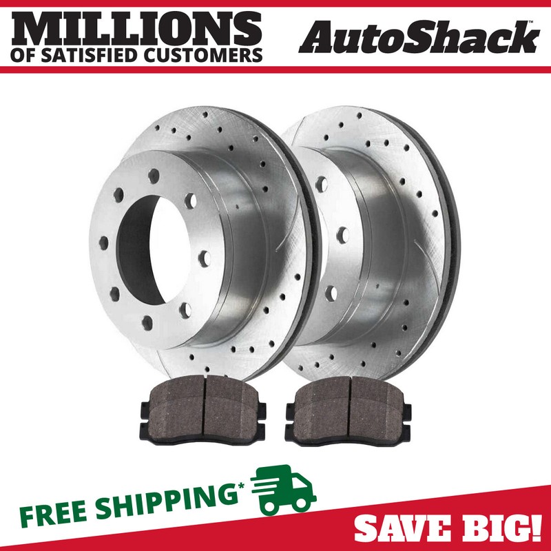 Front Drilled Slotted Brake Rotors Silver & Pads for Ford F-350 Super Duty 6.4L